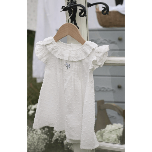 Swiss Dot Pintucked Dress w/ Rose Embroidery