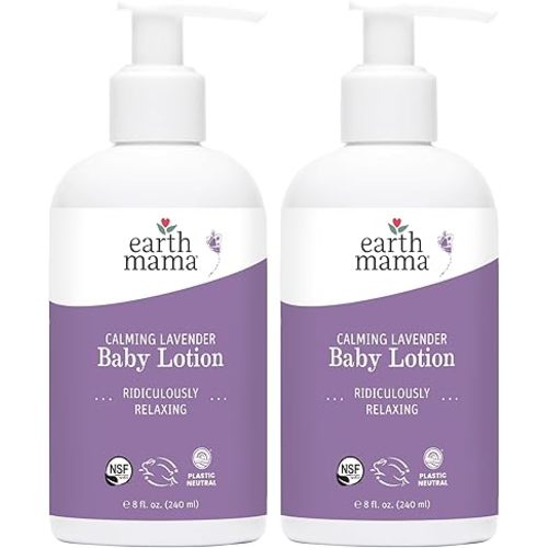 Earth Mama Calming Lavender Baby Lotion for Dry Skin, Calendula Cream for Newborn Skin Care, Organic Moisturizer for Children, Aloe Juice, Rooibos, & Shea Butter, Lavender Lotion, 8 Fl Oz (2Pk)