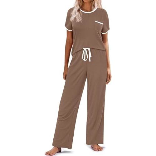 Ekouaer Women Lounge Pajamas Sets Ribbed Knit PJ Short Sleeve and Long Pajama Pant Soft 2 Piece Sleepwear Loungwear Set