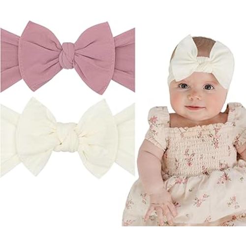 Baby Bling Bows - Newborn to Little Baby Girl Bows, 2 Pack Nylon Super Soft Stretchy Knot Toddler Headbands, Perfect Hair Accessories Head Bands for Infant Kids (Mauve & Ivory)