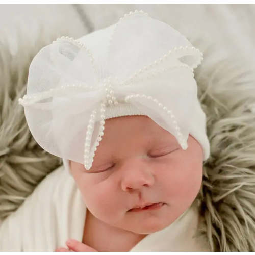 White Pearl Bow Hospital Hat – Ella Marina Baby