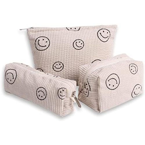Cosmetic Bags for Women - Corduroy Cosmetic Bag Aesthetic Women Handbags Purses Smile Dots Makeup Organizer Storage Makeup Bag Girls Case Bags (3PCs Beige)