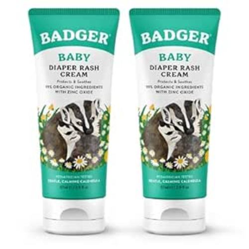 Badger Baby Diaper Rash Cream, Zinc Oxide Diaper Cream for Babies, Natural Skin Barrier Cream with Organic Sunflower Oil & Beeswax, 2.9 fl oz, 2-Pack