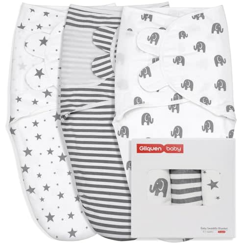 GLLQUEN BABY Newborn Swaddle Blankets for Baby Boy, 3 Pack Baby Swaddles 0-3 Months, Swaddling Sleep Sack, Infant Wrap Swaddle Sack, Elephant & Star & Stripe, Newborn Essentials