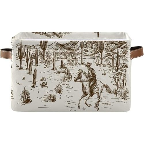 Kigai Western Cowboy Storage Basket Collapsible Rectangle Storage Bin Shelves Basket Organizer with Leather Handle for Closet, Office, Nursery, Home Decor