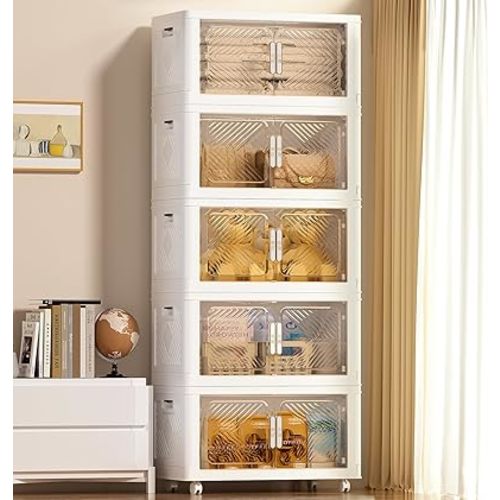 Storage Bins with Lid 76QT, Stackable Storage Containers with Wheels and Magnetic Doors, Plastic Clothes Closet Organizers and Storage Box for Pantry, Home and Office (5 Pack)