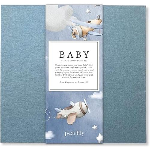 Peachly Baby Boy Memory Book - Baby Book for Boy - Baby First Year Keepsake Journal - Simple Scrapbook for Milestones - Finn (Blue)