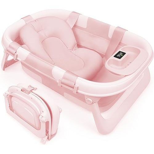 Jool Baby Fold ‘n Store Baby Bathtub – 3 Stage Collapsible Bather for Easy Storage, Portable for Travel – Built-in Thermometer (Pink)