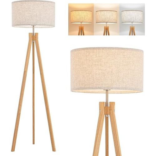 ELYONA Nordic Wood Tripod Floor Lamp, Modern Reading Standing Lamp for Living Room 3 Color Temperatures LED Bulb Included Flaxen Lamp Shade, Boho Natural Wooden floor lamp for Bedroom Office Kids Room