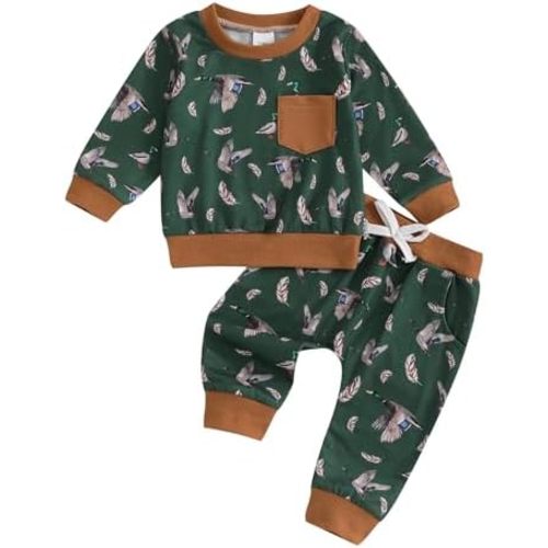 Toddler Baby Boy Hunting Outfit Mallard Duck Pocket Long Sleeve Tops Duck Print Pants Set 2Pcs Fall Winter Clothes