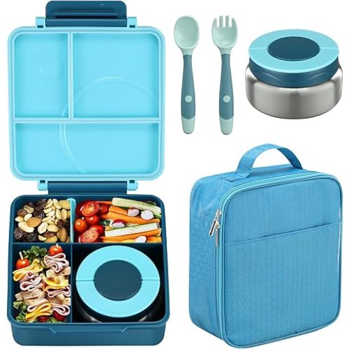 Bento Lunch Box Set for Kids with 8oz Soup Thermo, Leak-Proof Lunch Containers with 4 Compartment, Kids Thermo Hot Food Jar and Insulated Lunch Bag for Kid to School-Blue