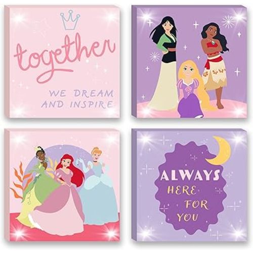 Idea Nuova Disney Princess 4 Pack Canvas LED Wall Art Set,Childrens Wall Hanging Décor,Each Piece 11"x11"