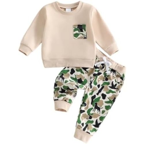 PUHHAPIEY Toddler Boy Clothes Baby Outfits Fall Winter Camo Hunting Retro Pullover Sweatshirts + Camouflage Pants Set