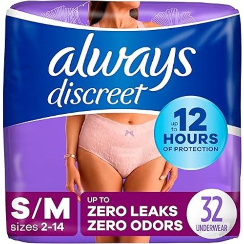 Always Discreet Incontinence & Postpartum Incontinence Underwear for Women, Small/Medium, Maximum Protection, 32 Count