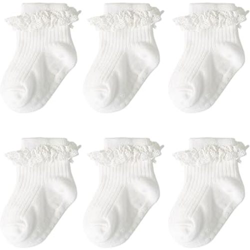 DRESHOW BQUBO Baby Girls Toddler Girls Anti Slip Socks Cute Frilly Ruffle Socks Grip Ankle Baby Socks for Infant Toddler