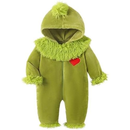 Suolongsama Infant Baby Boy Girl Christmas Outfit Hooded Zipper Jumpsuit Romper Furry Green Monster Xmas Clothes