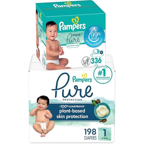 Pampers Pure Protection Disposable Baby Diapers Size 1, 198 Count with Aqua Pure Baby Wipes, 6X Pop-Top Packs (336 Count)