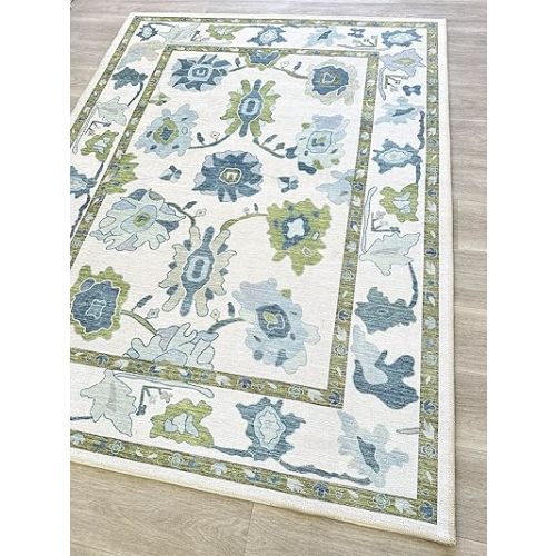 Green Oushak Rug, Modern, Vintage, Turkish, Eclectic, Floral, Pastel, Washable, Area Rugs for Living Room, Dining, Bedroom, Nursery, Girls, Boys, 5'9"x8'9"