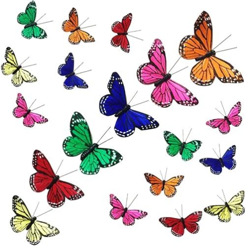 24pcs Artificial Feather Butterfly Decorations Artificial Butterflies for Christmas Tree Ornament Crafts Butterfly Flower Bouquet Decor Clips for Wall Floral Party Home Decor (Large+ Small Sizes)