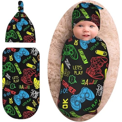 Game Controller Gifts Swaddle Blanket for Boys With Beanie Set, Soft Gaming Baby Swaddle Sack Newborn Sleeping Sacks