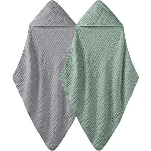 Yoofoss Hooded Baby Towels 100% Muslin Cotton 2 Pack Baby Bath Towel 32x32Inch, Extra Soft and Absorbent Hooded Towels for Baby, Infant and Toddler, Baby Bath Essential for Boys Girls (Green & Grey)