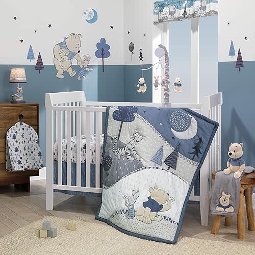 Lambs & Ivy Forever Pooh 3Piece Baby Crib Bedding Set, Blue