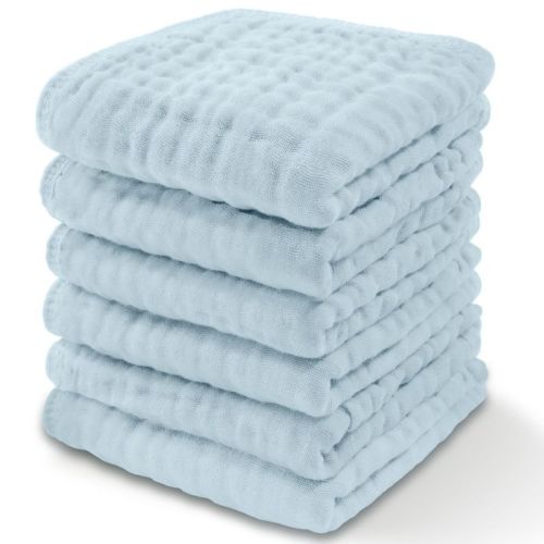 Baby Washcloths Muslin Cotton, Large 10”x10” by Comfy Cubs (Sky Blue, Pack of 6)