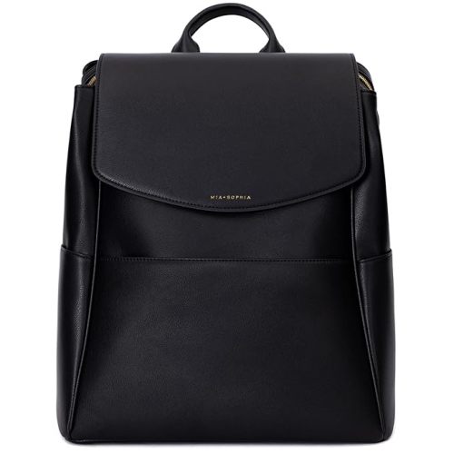 MIA + SOPHIA Leather Diaper Bag Backpack with USB Charging port, Changing Pad, Stroller Straps, and Bottle Holder (Black Olivia)