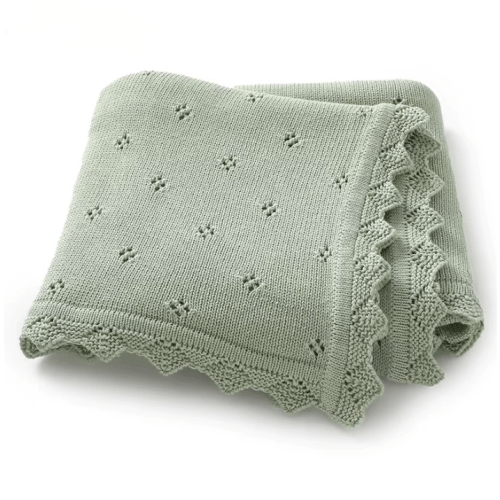 100 % Cotton Luxury Knitted Baby Blanket – White Eyelet Blossom – Lilies and Cactus