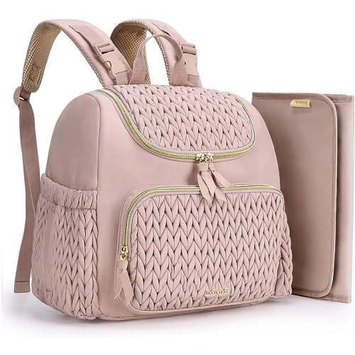 mommore Diaper Bag Backpack, Stylish Travel Baby Bag with Insulated Pockets, Changing Pad and Stroller Straps for Toddler (S-Pink, Small-17L)