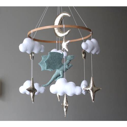Dragon baby mobile Fairy nursery mobile for crib Fantasy baby mobile Felt dragon and stars Baby shower gift Hanging cot mobile
