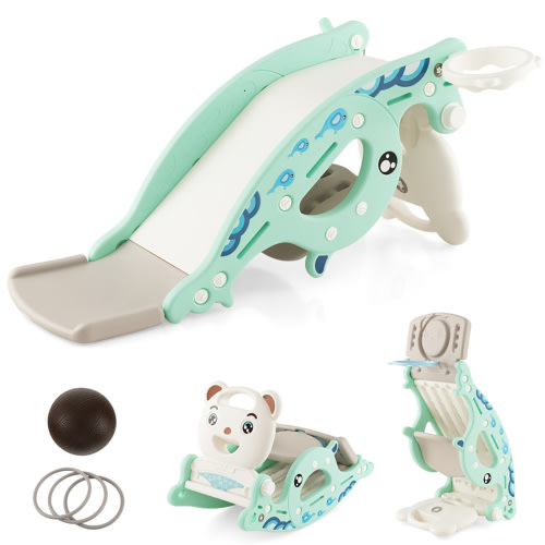 CIPACHO 4-in-1 Kids Slide Rocking Horse with Basketball and Ring Toss, Kids Outdoor Play Equipment, Green