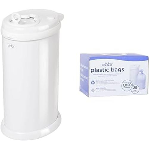 Ubbi Steel Odor Locking & Disposable Diaper Pail Plastic Bags, Single Pack, 25 Count, 13-Gallon Bags
