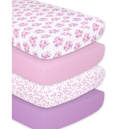 The Peanutshell Standard Nursery Fitted Crib Sheets for Baby Girls, 4 Pack Set, Pink and Purple Floral