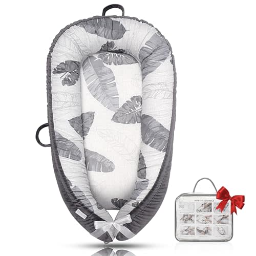 JOCUTE Baby Lounger - Baby Lounger for Newborn 0-24 Months, Ultra Newborn Babies Essentials Gifts, Baby Snuggle Nest Me Baby Lounger, Lightweight Infant Baby Lounger Cover (Grey Leaves)