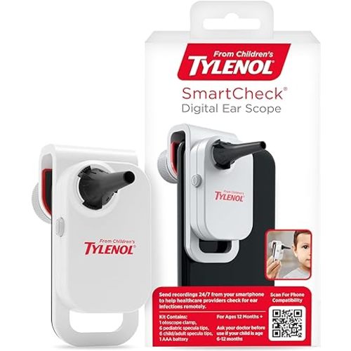 Tylenol SmartCheck 2.0 Digital Ear Scope from Children's, Otoscope with Light for iPhone & Android, Ear Camera; Includes 1 Otoscope Clamp, 12 Specula Tips; 6 Pediatric Tips, 6 Child/Adult Tips
