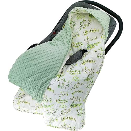 Car Seat Blankets for Babies Winter Car Seat Covers 100% Cotton Minky Baby Swaddle Blanket with Hat for Newborn Stroller Seat Liners, Baby Carrier 35 X 35 Inches (Green Leaves)