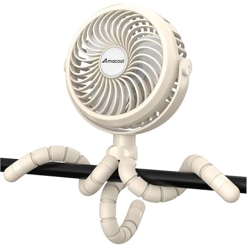 AMACOOL Battery Operated Stroller Fan Flexible Tripod Clip On Fan with 3 Speeds and Rotatable Handheld Personal Fans for Car Seat Crib Bike Treadmill (Beige)