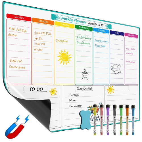 MaxGear Weekly Planner Whiteboard A3 Magnetic Whiteboard for Fridge Dry Wipe Meal Planner Memo Board Weekly