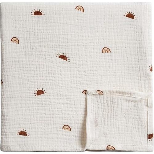 Meracorallo Muslin Swaddle Blanket, 100% Organic Cotton Receiving Blanket Soft and Breathable Swaddle Wrap for Baby Boys and Girls, Sun Rainbow