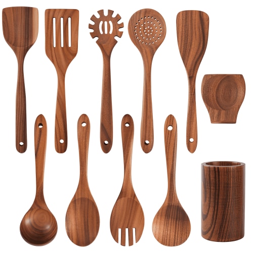 VAVSEA 11 Pcs Wooden Spoons for Cooking, Thickened Natural Wooden Cooking Utensil with Wide Utensil Heads & Non-Stick, Wooden Spatula Set for Kitchen Essentials