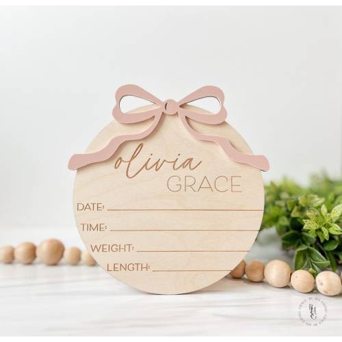 Bow Baby Announcement Sign With Birth Stats | Matching Name Plate | Baby Girl Birth Announcement | Personalized Baby Name Sign