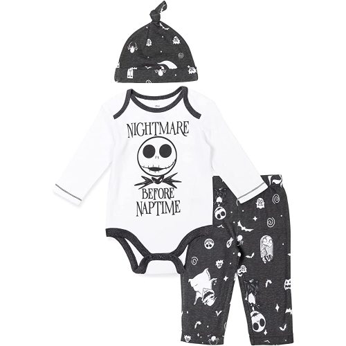 Disney Nightmare Before Christmas Sally Jack Skellington Baby Bodysuit Pants and Hat 3 Piece Outfit Set Newborn to Infant