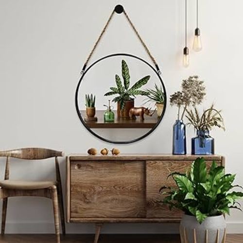 Black Round Hanging Mirror, Circle Rope Mirror, 15 Inch Farmhouse Mirror with Hanging Rope for Bathroom Bedroom Living Room Entryway Home Decor