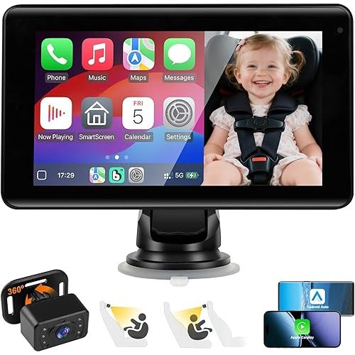 7" Wireless CarPlay Screen with Baby Car Camera- Apple CarPlay & Android Auto, 1080P IR Night Vision, HD Touchscreen with Split Display, Plug-and-Play