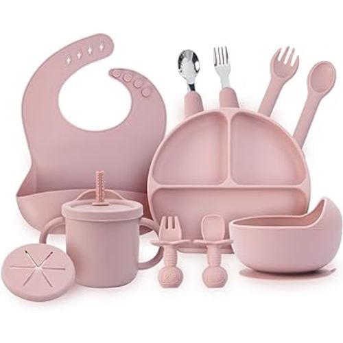 Baby Feeding Set, 13PCS Silicone Baby Self Feeding Set, Toddler Led Weaning Utensils Set with Suction Bowl and Plate, 3 Set of Baby Spoon and Fork, Adjustable Bid, Sippy Cup with Straw and 2 Lids