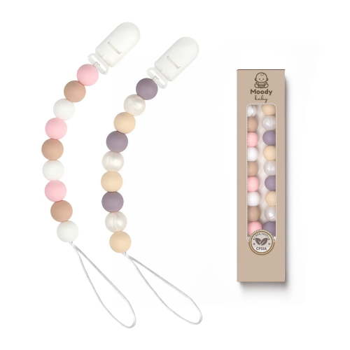 MOODYBABY® Pacifier Binky Clips for Boys Girls Soother Chain Silicone Holder 2 Pack Set for Baby Unisex Neutral Newborn Dummies Baby Shower Gift (Pink Purple)