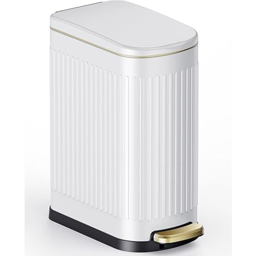 CEROELDA White Bathroom Trash Can with Lid-10L/2.6 Gallon Stainless Steel Step Slim Garbage Can-Rectangle Pedal Trash Bin for Narrow Office, Kitchen, Bedroom, Toilet-Soft Close (B-White/2.6 Gallon)