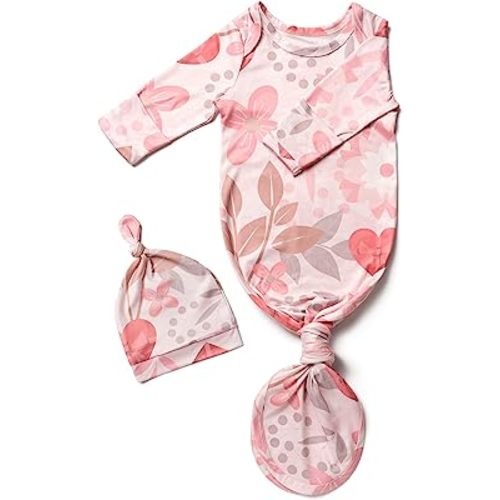 Newborn Baby Knotted Gown for Girls, Newborn Hospital Outfit with Mitten Cuffs, Super Soft Silky Infant Long Sleeve Gown