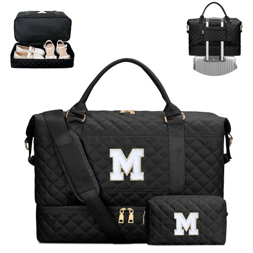 Gifts for Women Initial Travel Duffle Bag Quilted Weekender Carry-On Overnight with Cosmetic Bag, Gym Bag with Shoe Compartment Hospital Bag for Labor Delivery, Black M